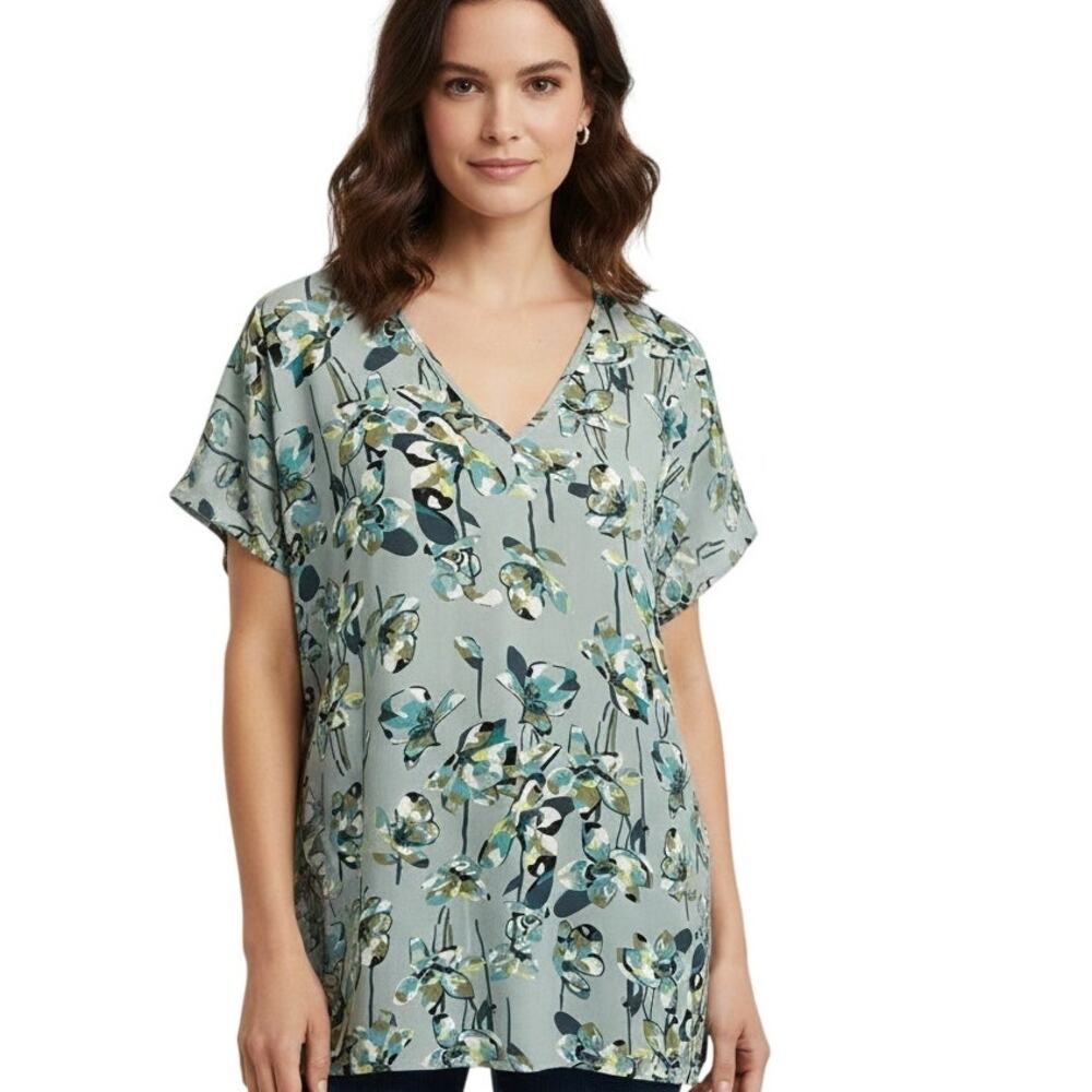 Sejour Blue Floral Top Womens Size 2X V-Neck Dolman Sleeve Blouse